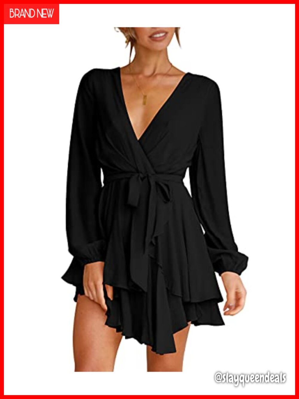Cosonsen Women's Deep V-Neck Long Sleeve Tie Waist Ruffle Mini Skater Dress